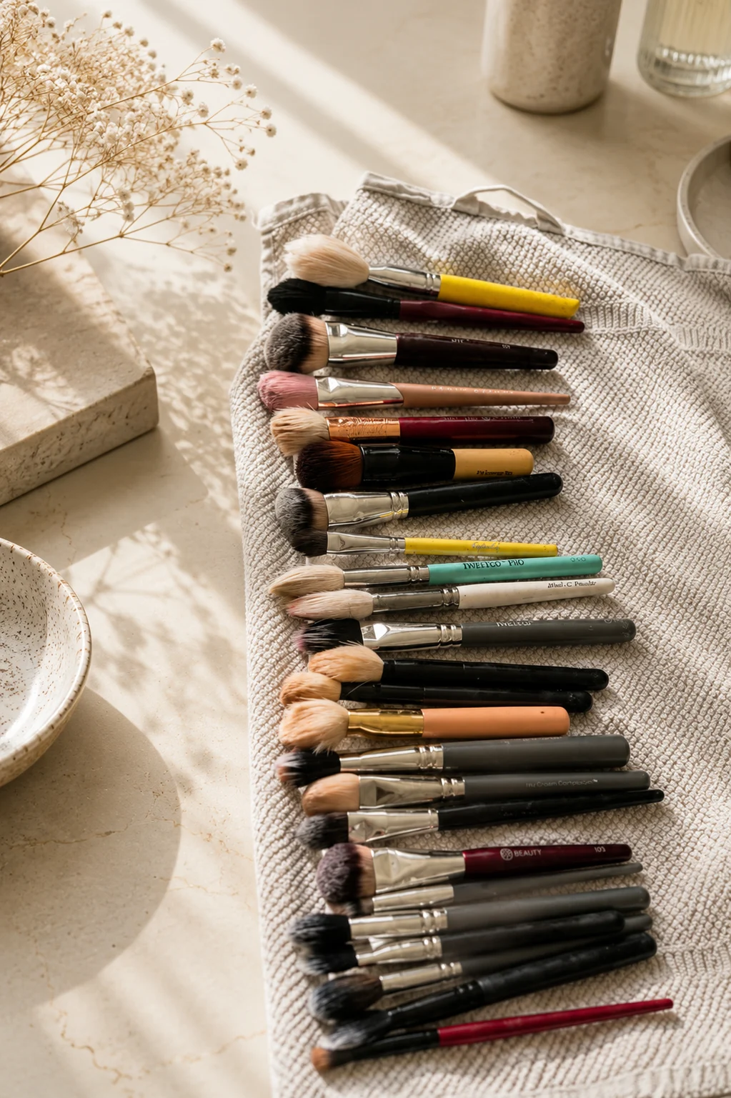 Makeup brushes laid flat on a clean towel to dry.