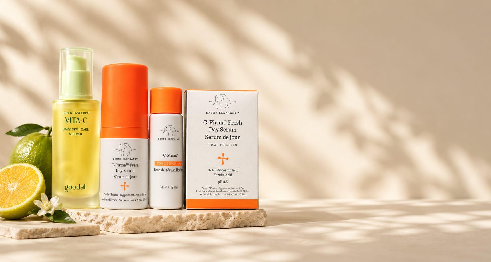 Vitamin C face products from Goodal and Drunk Elephant featured in this guide to choosing a vitamin C serum.