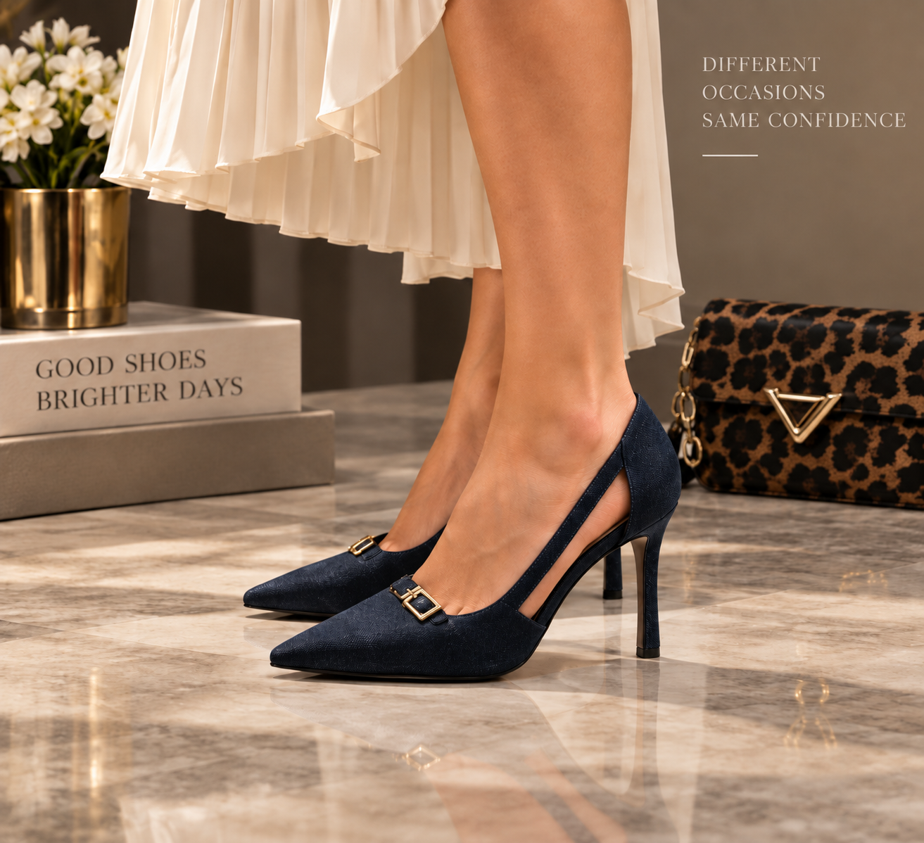 Navy ALDO pumps worn with a pleated cream skirt.