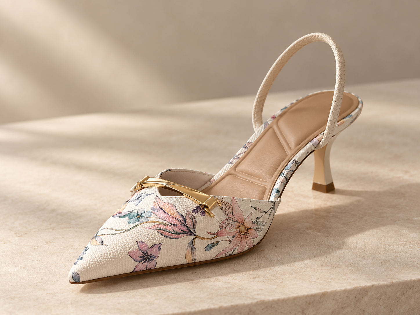 A floral print ALDO slingback pump photographed in soft light.
