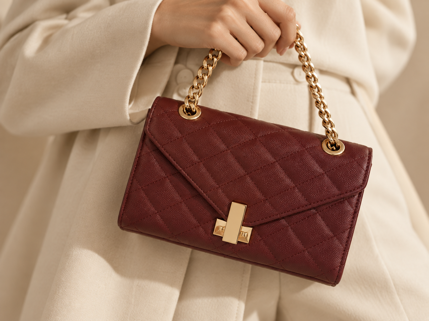 A burgundy quilted ALDO shoulder bag carried with a cream coat.