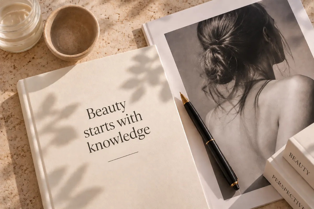 A cream journal reading "Beauty starts with knowledge" beside a black pen, a black and white photo print and small ceramic dishes on a stone surface