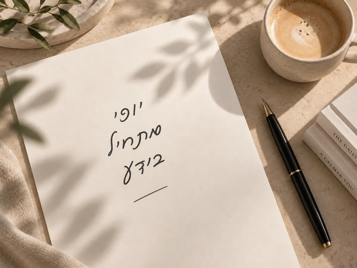 מחברת פתוחה עם הכיתוב בכתב יד "יופי מתחיל בידע", עט שחור וכוס קפה על משטח אבן בהיר