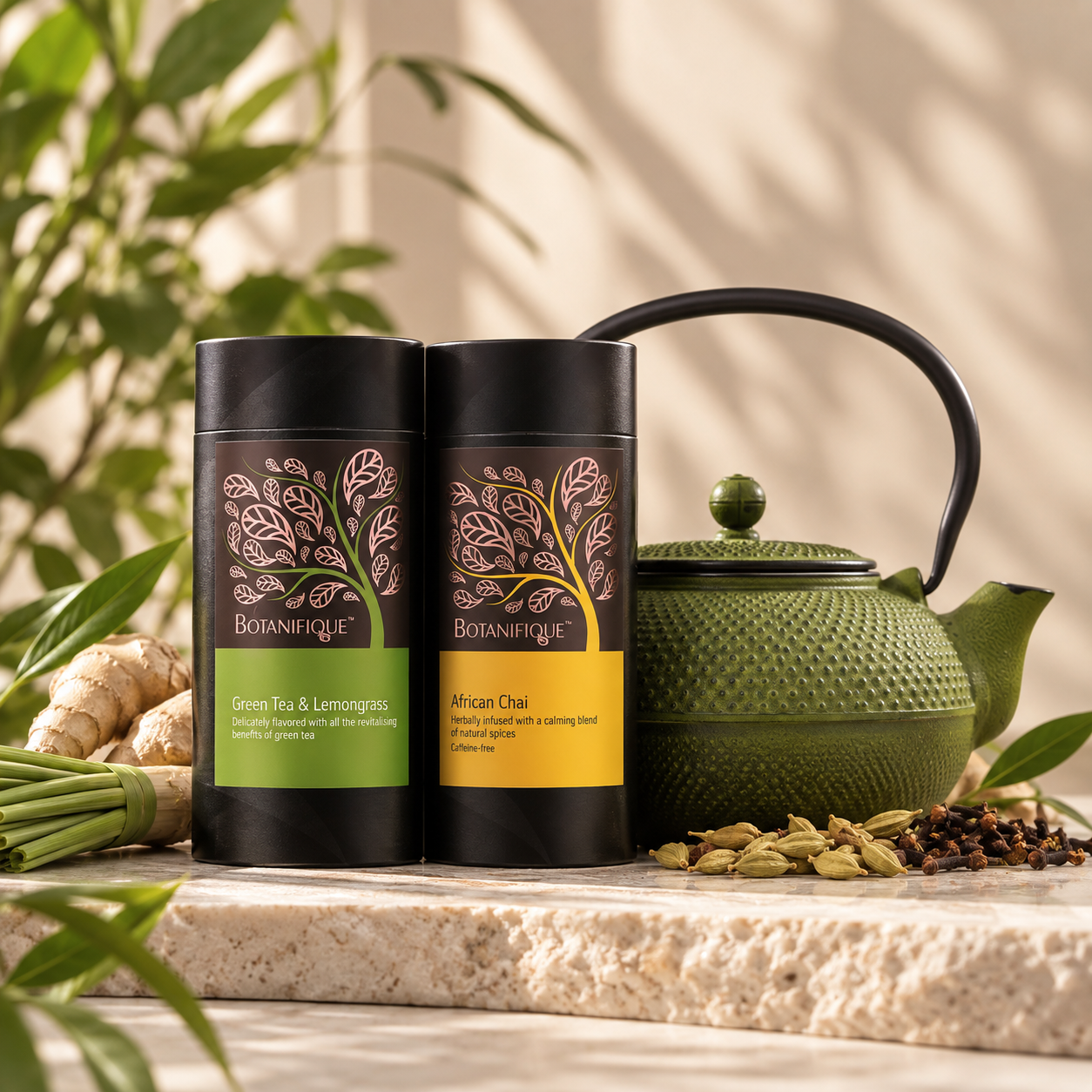 Botanifique products in black and gold packaging, next to a kettle and spices.