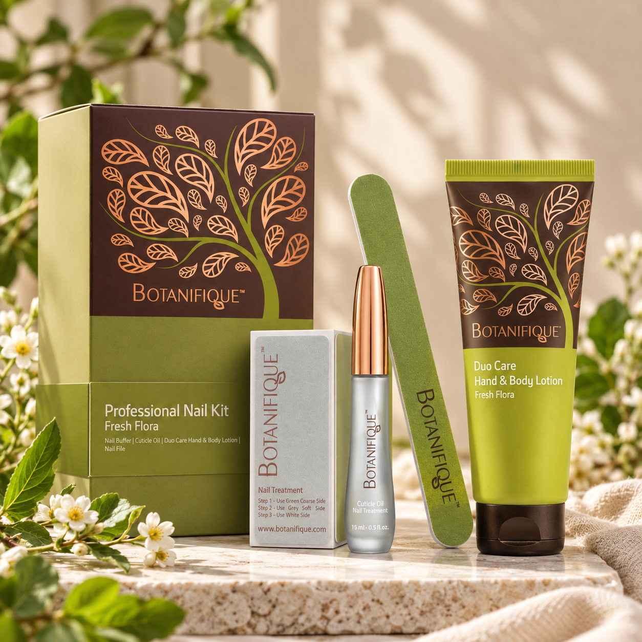 A Botanifique nail-care kit and hand-and-body cream in green packaging.