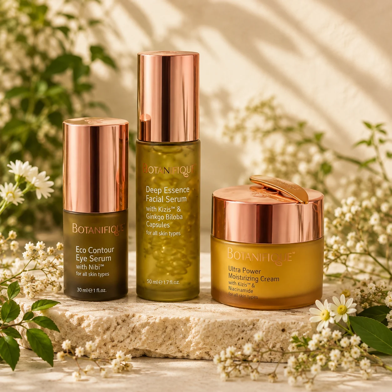 Eco Contour Eye Serum, Deep Essence Facial Serum ו-Ultra Power Moisturizing Cream של Botanifique