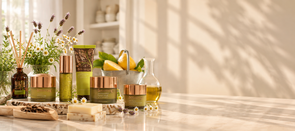 Botanifique skincare in green and copper packaging on a marble counter, with chamomile, lavender, and lemons.