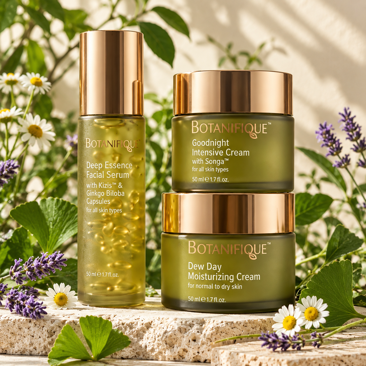 Botanifique green serums and creams next to chamomile and lavender.