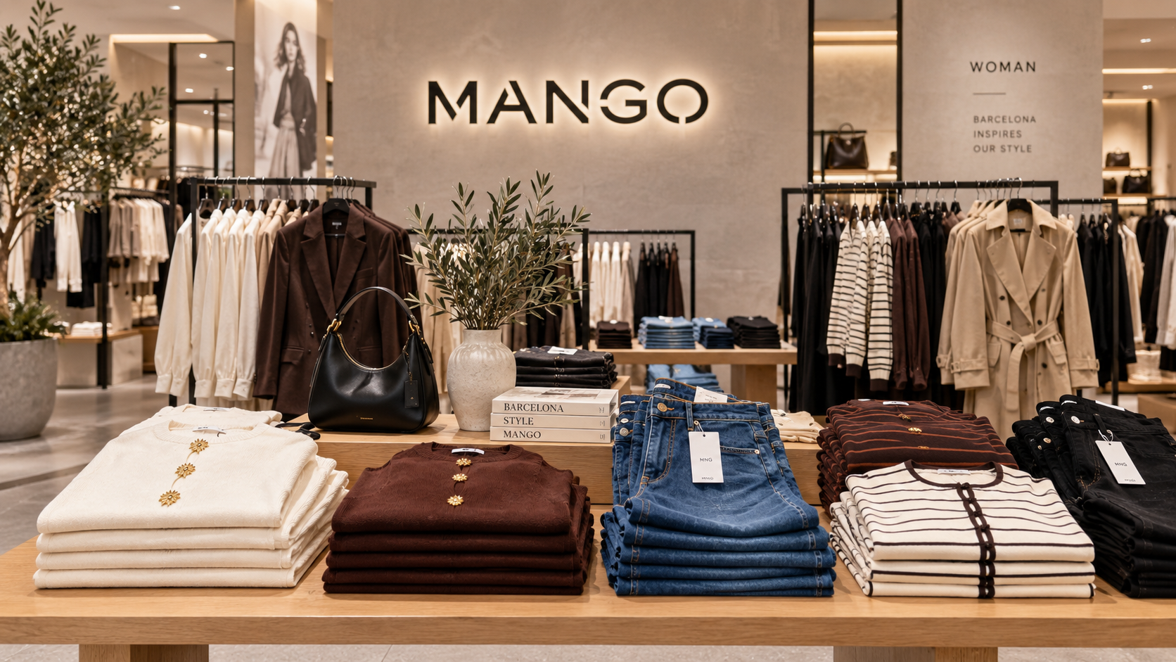 A Mango store floor with folded knits and denim beneath the MANGO sign