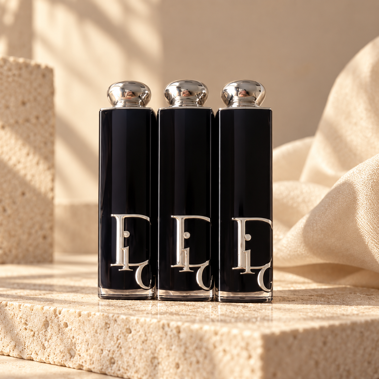 three Dior Addict lipsticks in the black, logo-branded packaging