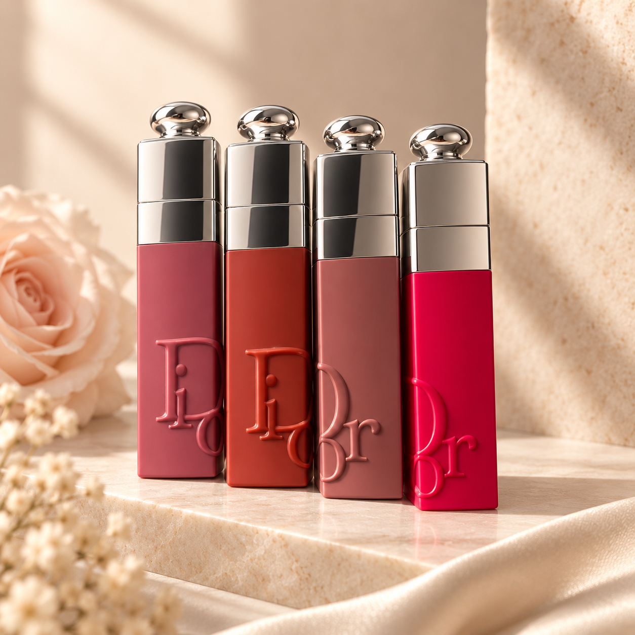 four Dior Addict Lip Tints in rosewood, red, nude, and fuchsia
shades
