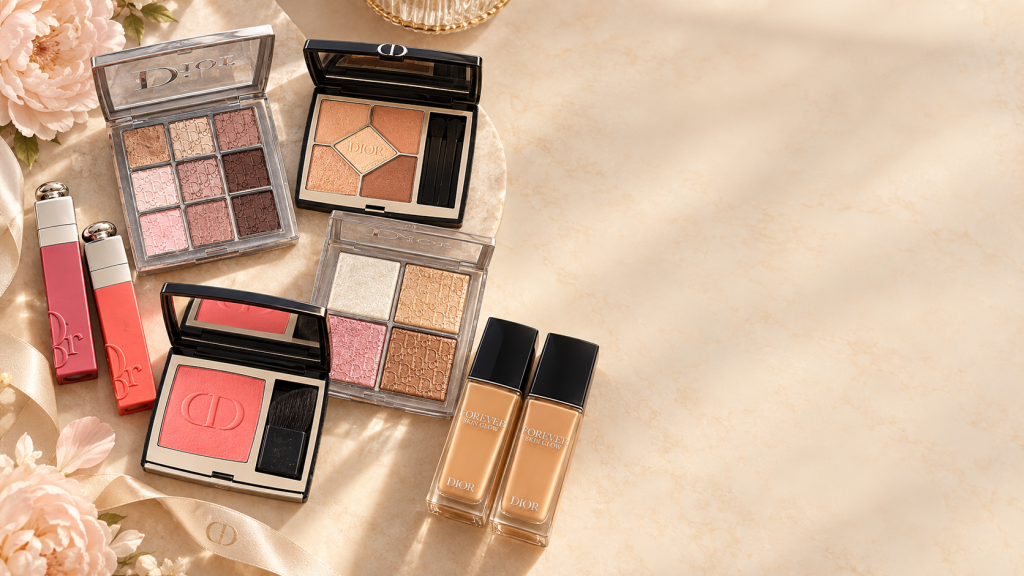 Dior makeup products laid out on a beige surface: eyeshadow palettes, blush, lipstick, and two foundation bottles.