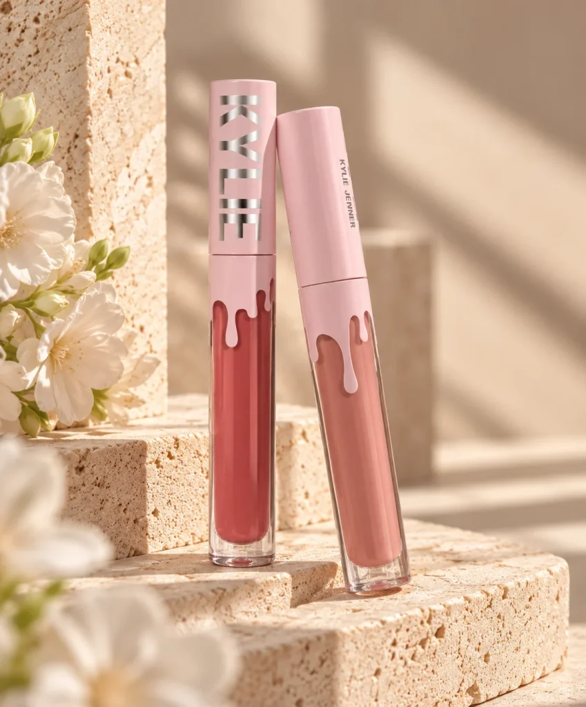 שני מוצרי שפתיים נוזליים של Kylie Cosmetics בגווני ורוד וניוד