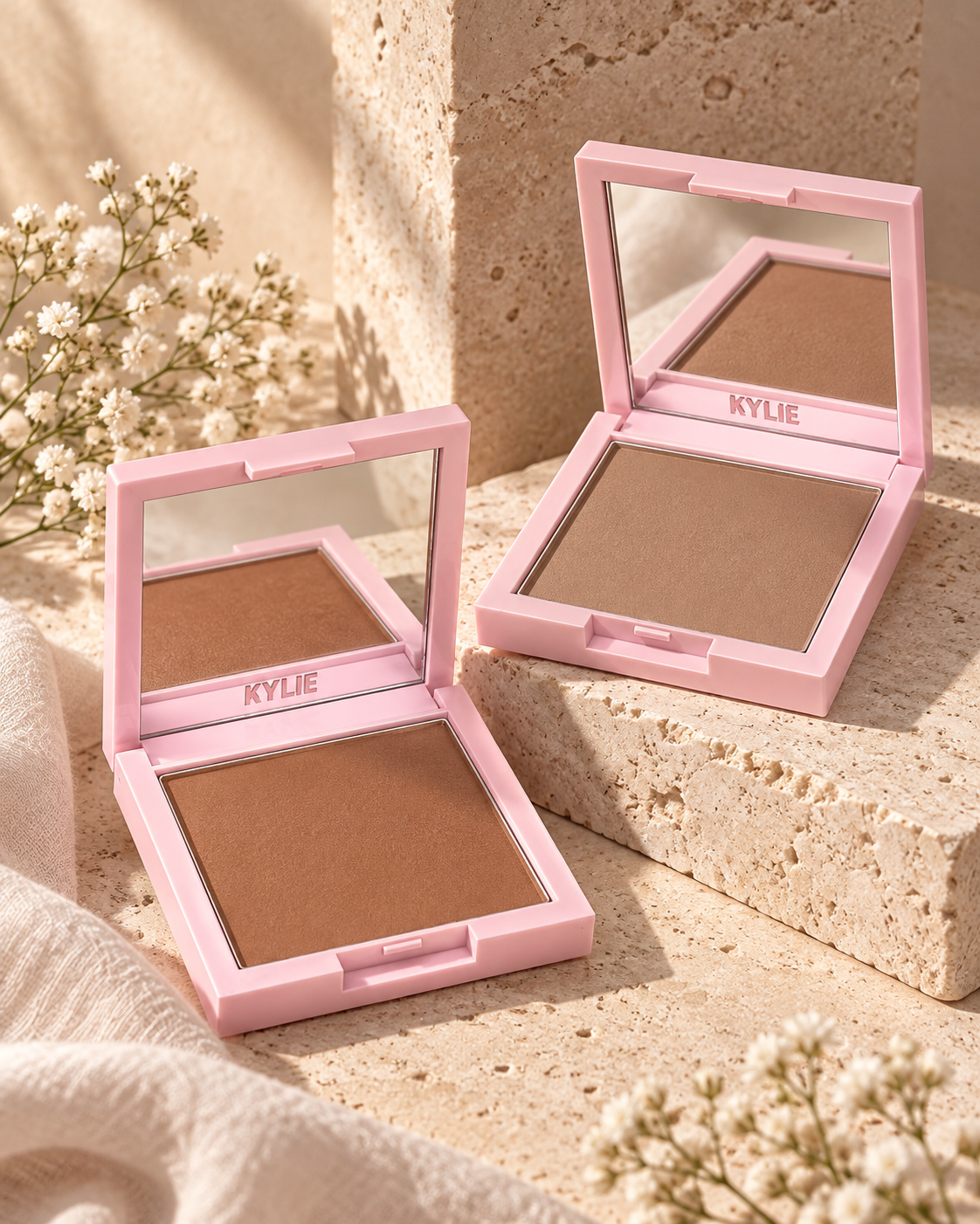 Two Kylie Cosmetics Natural Blur Powder Foundation compacts, open, in pink packaging.