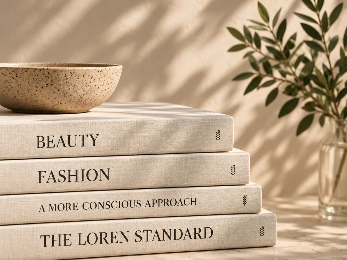 A stack of cream linen books titled Beauty, Fashion and The Loren Standard, with a speckled ceramic bowl and an olive branch in a glass vase