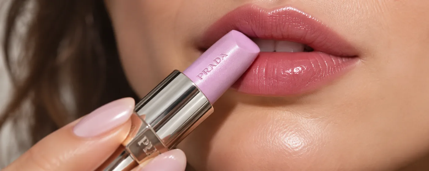 מריחת Prada Balm Luminizing Care בגוון לילך על השפתיים