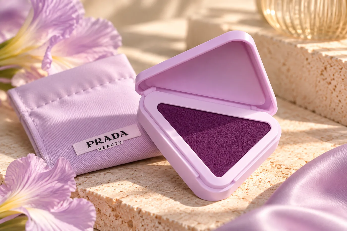 סומק Prada Touch במארז משולש בצבע לילך לצד הנרתיק של Prada Beauty