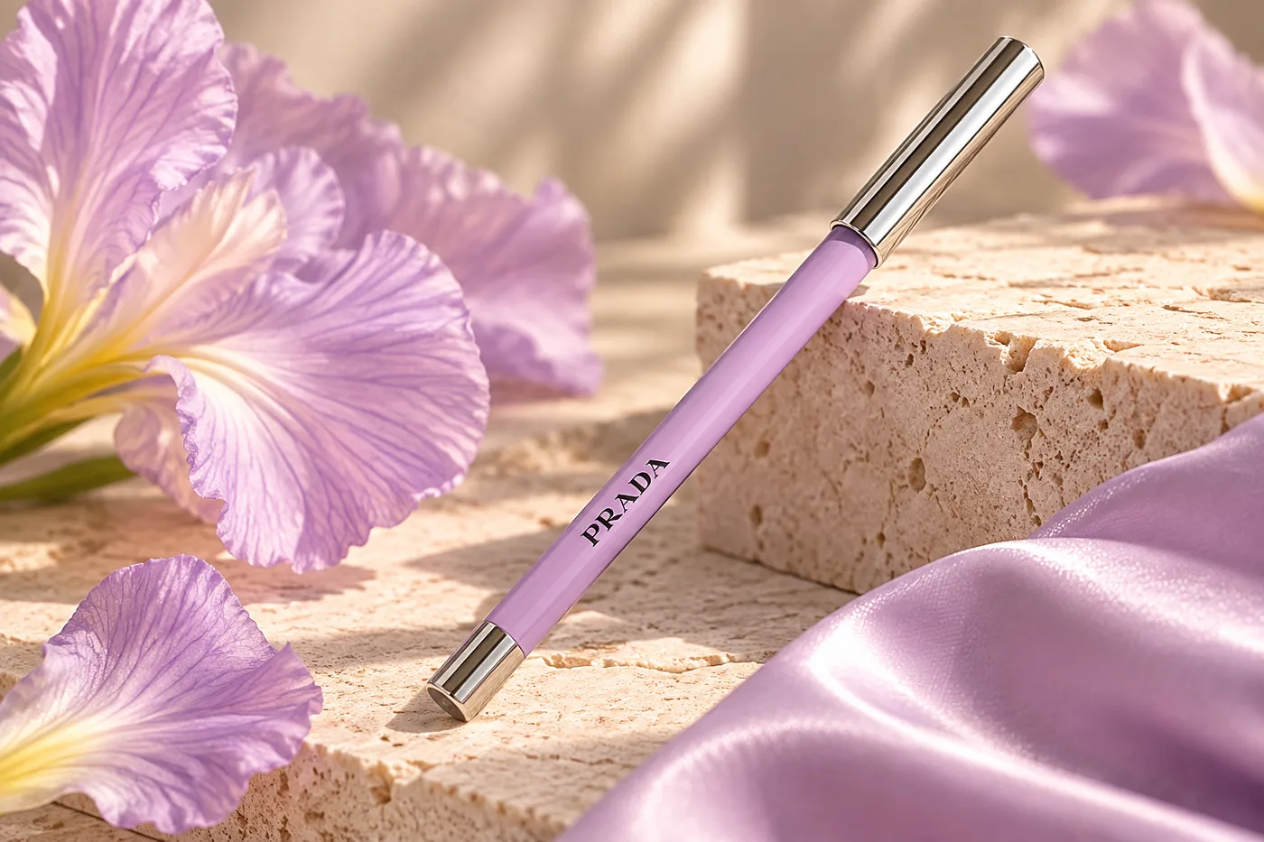 עפרון העיניים Pradalines Gliding Waterproof Eye Pencil בגוון לילך על גוש אבן לצד עלי כותרת של אירוס