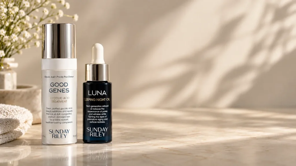 בקבוק Good Genes Glycolic Acid Treatment ובקבוק Luna Sleeping Night Oil של Sunday Riley על משטח אבן בהיר באור רך
