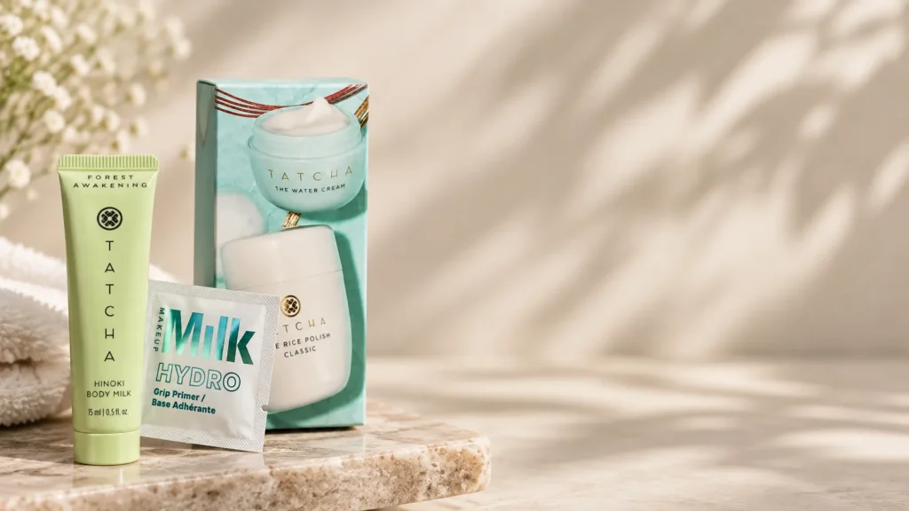 Tatcha Hinoki Body Milk, The Water Cream and The Rice Polish Classic on a pale stone ledge in soft light