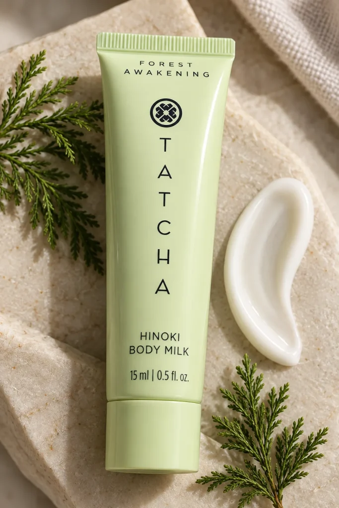 Tatcha Hinoki Body Milk tube beside a swatch of the cream and cypress sprigs on stone