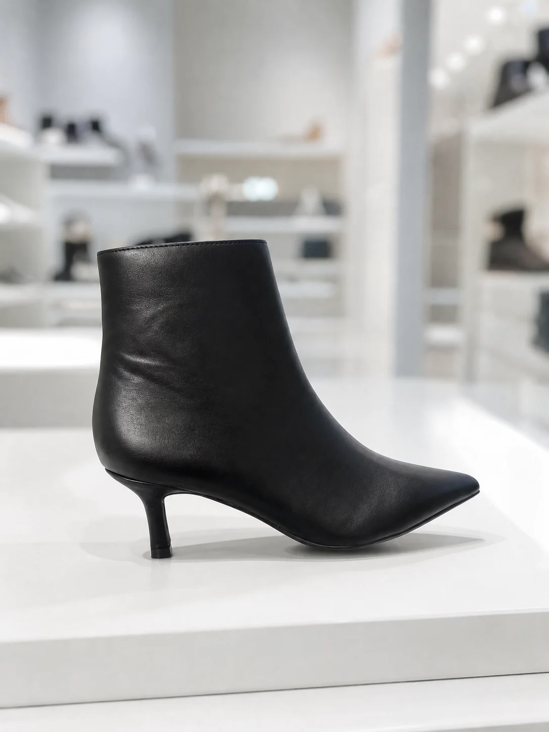 מגפון עור שחור עם עקב קיטן על מדף בחנות Nine West