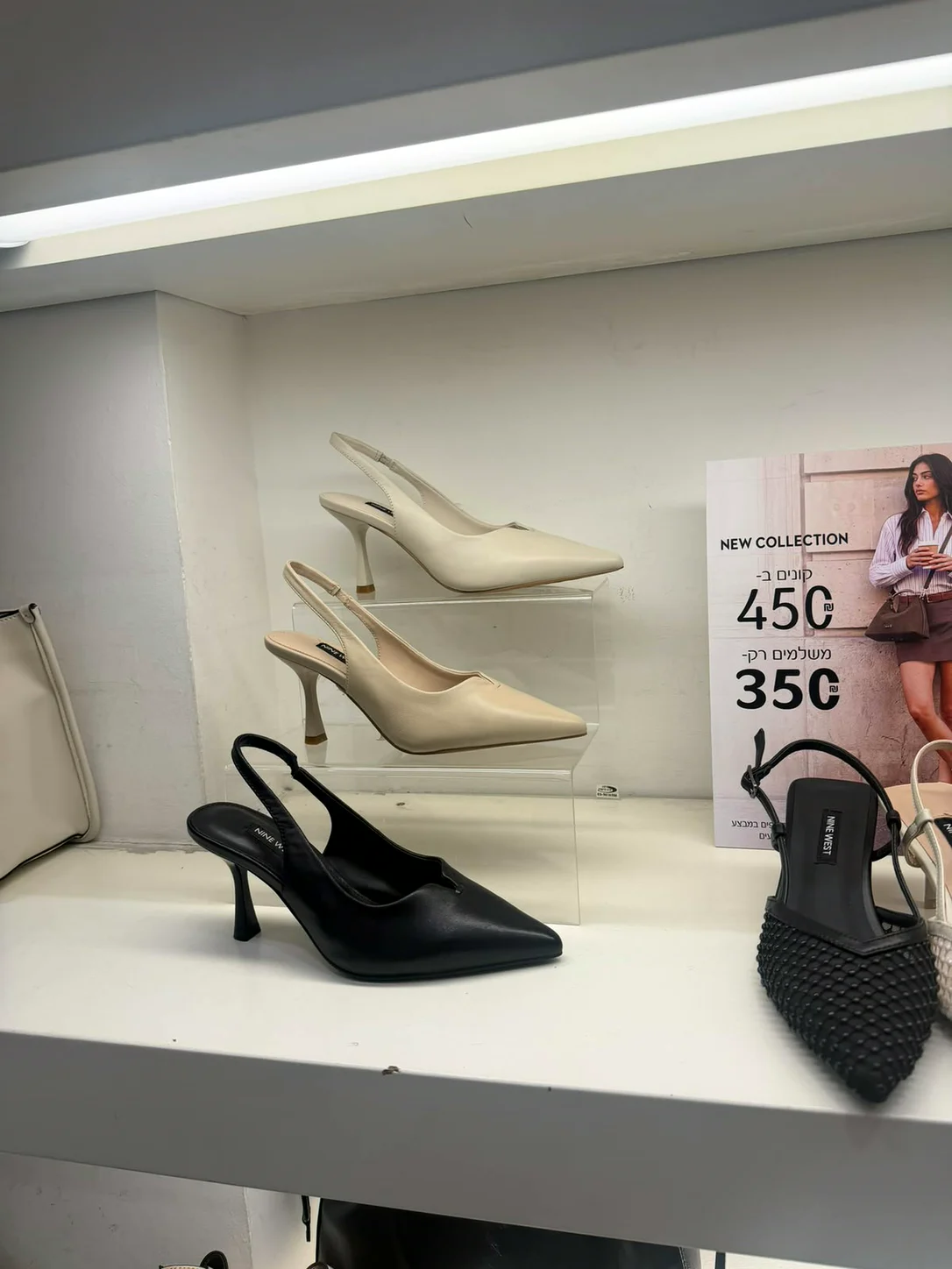 נעלי סלינגבק מחודדות על מדף בחנות Nine West
