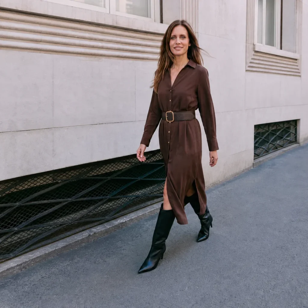 Michelle Loren walking down the street in a brown belted shirt dress and black knee boots