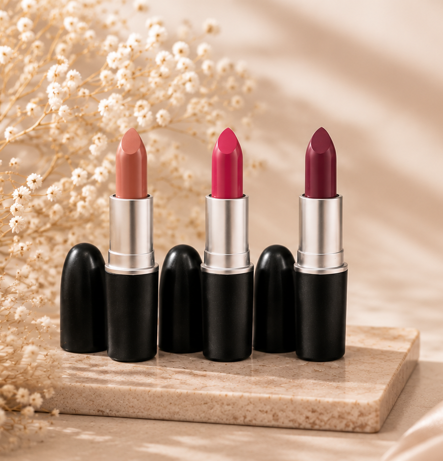 שפתוני MAC בגימור מאט - Creme Cup, Rebel ו-Ruby Woo